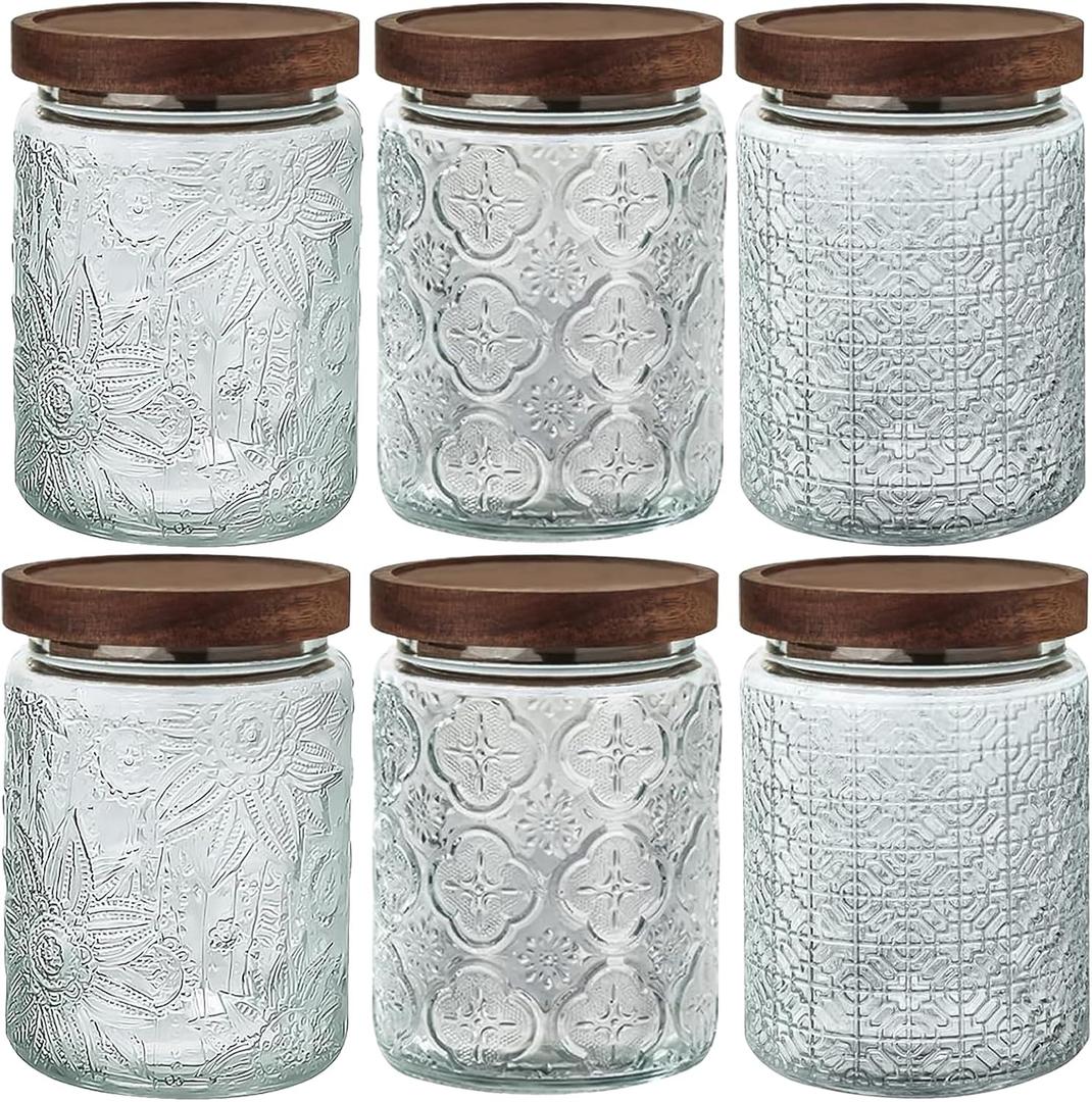 24 OZ Airtight Glass Storage Jar with Bamboo Lid - Vintage Glass Jar Vintage Food Containers Canisters Set for Kitchen Counter & Pantry - Ideal for Sugar, Flour, Coffee, Tea, Candy, Oats -6 Pack