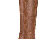 Jeossy Women's Cowboy Boots Embroided Western Cowgirl Boots Square Toe Knee High Pull on Wide Calf Shoes with Inside Zipper, Brown, 8