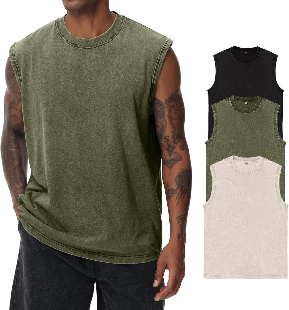Mens Cotton Sleeveless Tank Tops Cut Off Muscle Gym T Shirts Running Beach Loose Fit Tees (Large, Ivory/Army Green/Black)