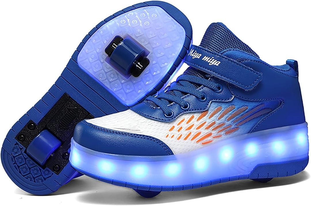 Wooowyet LED Roller Skate Shoes for Kids Boys Girls Light Up Fashion Sneakers Wheels Wheeled USB Rechargeable Hook&Loop (2.5 Little Kid, Full Blue)
