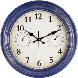 JoFomp Outdoor Clocks for Patio, Large 12 inch Outside Wall Clock Waterproof with Thermometer and Hygrometer Combo, Round Silent Battery Operated Wall Clock for Home, Pool, Garden (Blue)