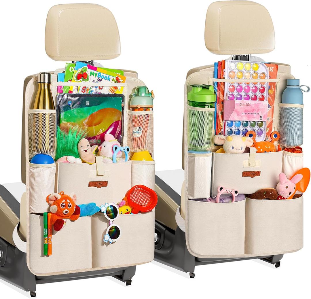 SURDOCA Car Organizers and Storage, Upgraded Car Seat Organizer with 11-inch Touch Screen Tablet Holder, Backseat Car Organizer with 8 Pockets, Car Seat Protector Road Trip Essentials for Kids (2pcs, Beige)