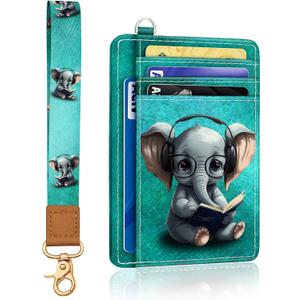Yonlevres Elephant Credit Card Holder Slim Wallet, RFID Wallet Women Front Pocket Wristlet Lanyard, Small Card Holder Travel Funny Cute Thin Card Case ID Window PU Leather Card Organizer Gifts Girls