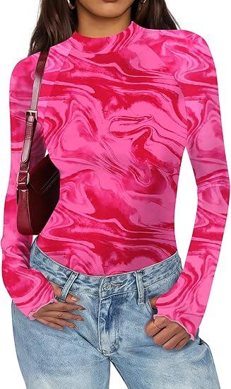 Poetsky Womens Mesh Long Sleeve Tops Floral Mock Turtleneck Sexy Sheer Double Lined Going Out Shirts with Thumb Hole
 (Medium)