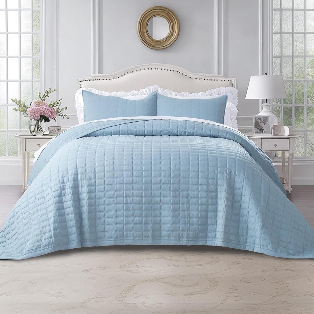 KASENTEX King XL Quilt Set 108"x98" Soft Washed 3-Layer Lightweight Bedspread, Minimalist Nordic Design, All-Season Spring & Summer Quilt Set (1 Quilt + 2 Pillow Shams), Grey Blue