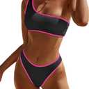 YIMISAN Women's Ribbed Bikini Sets One Shoulder Top with Mid Waist Two Piece Bathing Suit (Medium, Black&hot Pink)