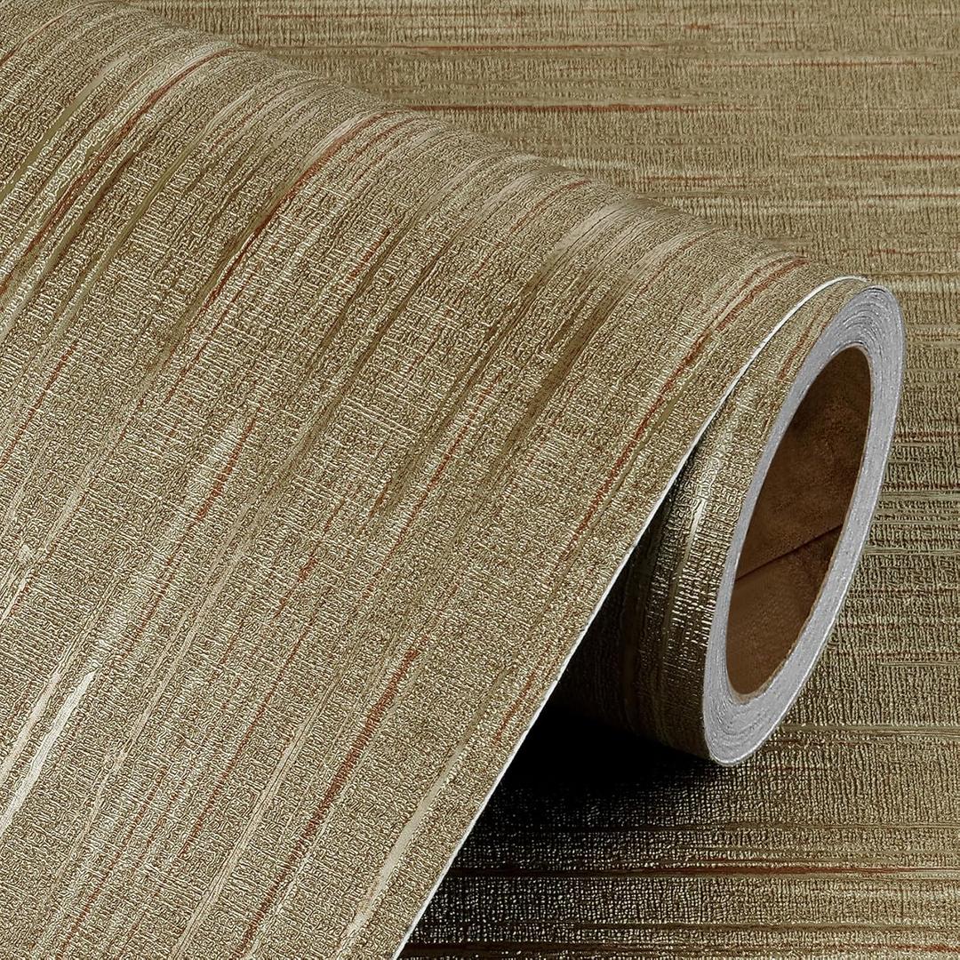 Livelynine 15.8x394 Luxury Gold Textured Wallpaper Peel and Stick Grass Cloth Wallpaper Rolls for Bathroom Kitchen Retro Accent Wall Decor Living Room Modern Removable Vintage Contact Paper for Walls