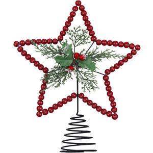 Gejoy Christmas Beaded Star Tree Topper Farmhouse Rustic Decoration with Berries Pine Cones Neutral Christmas Star Topper for Tree Decorations(Berry, Red)
