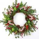 MG MagicGarden Christmas Wreaths for Front Door 20 Inches Artificial Christmas Wreath with Red Holly Berries Pine Needles Pine Cones Candy Canes for Xms Holidays