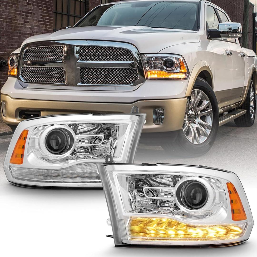 LED Signal Headlights Assembly For 2013-2018 Dodge Ram 1500 2500 3500 Pair Halogen Headlamps (Chrome)
