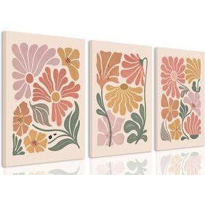 TBKHUDBI Boho Flower Canvas Wall Art Abstract Floral Pictures Prints Set of 3 Minimalist Botanical Painting Poster Flower Market Aesthetic Wall Decor for Living room Bedroom 16"x24" Framed