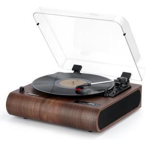 Record Player, 3 Speed Bluetooth Turntable with Built-in Speakers, FM Radio, Vinyl-MP3 Encoding, USB & SD Playback, LED Screen, Wooden Retro LP Player