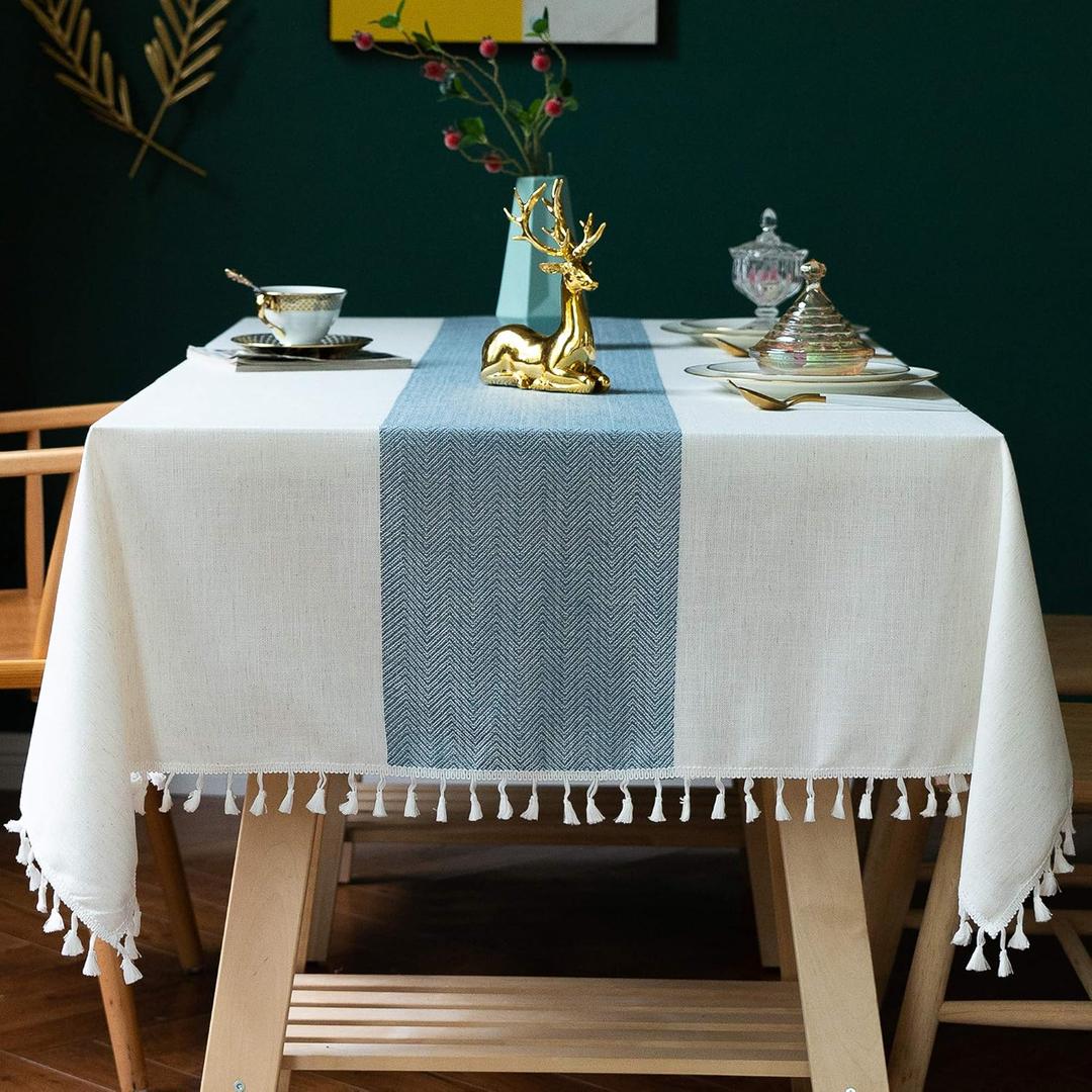 Oubonun Tablecloths for Rectangle Tables, Cotton Linen Waterproof Farmhouse Table Cloth with Boho Tassels Wrinkle Free, Wipeable & Washable for Kitchen & Dining, 55''x70'', 4-6 Seats