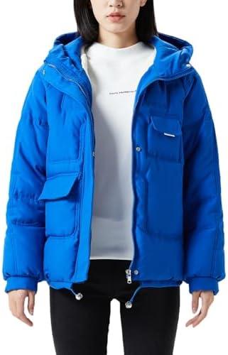 JiangWu Women's Winter Thickened Hooded Cotton Coat Windproof Warm Fleece Jacket, Blue, Small