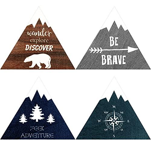 4 Pieces Inspirational Wooden Nursery Wall Sign - Rustic Mountain Nature Forest Woodland Adventure Motivational Hanging Decor with Hook for Baby Bedroom (Classic Colors)