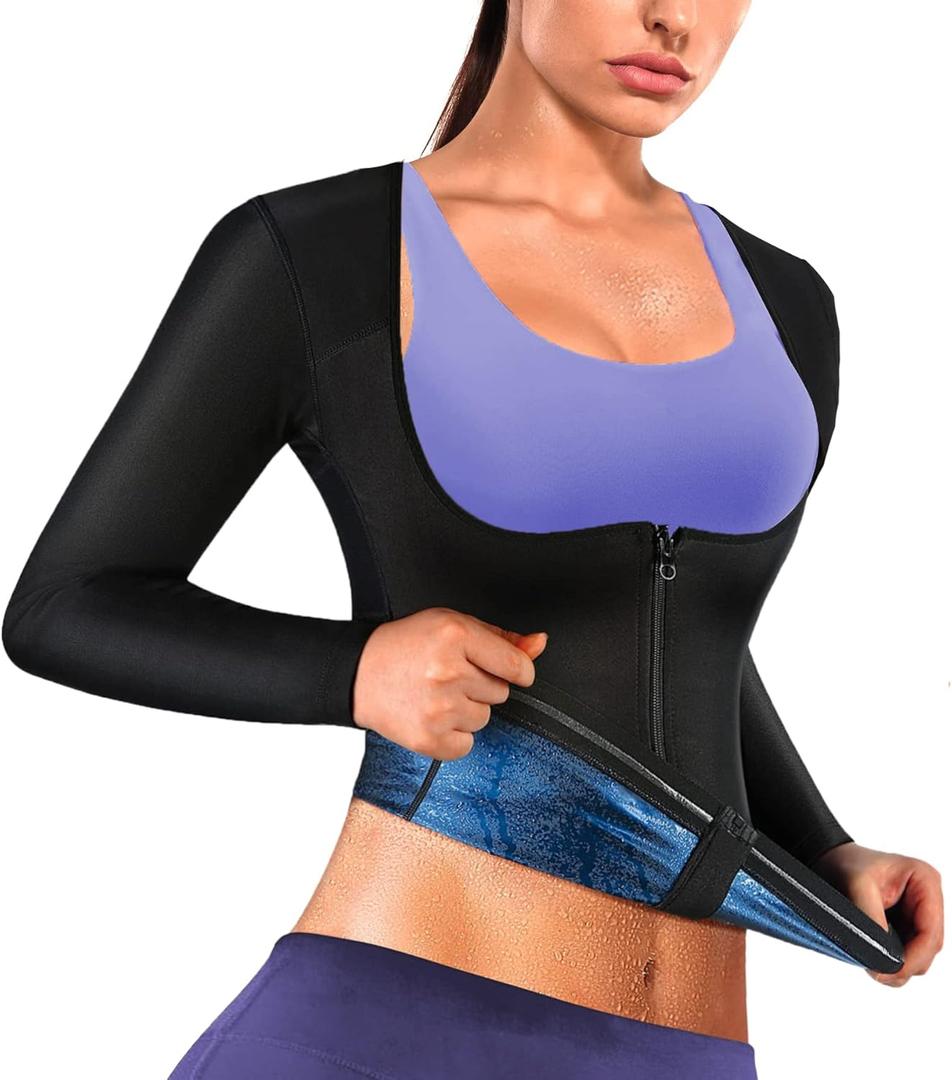 Sauna Suit Shirt for Women Weight Loss Sweat Jacket Long Sleeve Sweat Vest Fitness Shaper Zipper Workout Top L