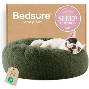 Bedsure Calming Dog Bed for Small Dogs - Donut Washable Small Puppy Bed, 23 inches Anti-Slip Round Fluffy Plush Faux Fur Large Cat Bed, Fits up to 25 lbs Pets, Rifle Green