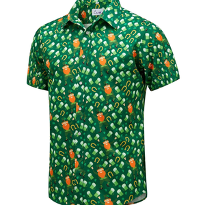 EUOW St. Patrick's Day Hawaiian Shirt for Men Irish Printed Casual Short Sleeve Button Down Beach Shirts 3XL