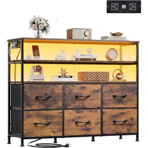 WLIVE Dresser for Bedroom, 6 Drawer Dressers with LED Lights and Charging Station, Fabric Chest of Drawers with Open Shelves, LED Storage Dresser for Living Room, Closet, Rustic Brown Wood Grain Print