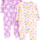 Simple Joys by Carter's Baby Girls' Cotton and Fleece Footed Sleep and Play, Pack of 2 (Newborn, Purple Llama/White Floral)