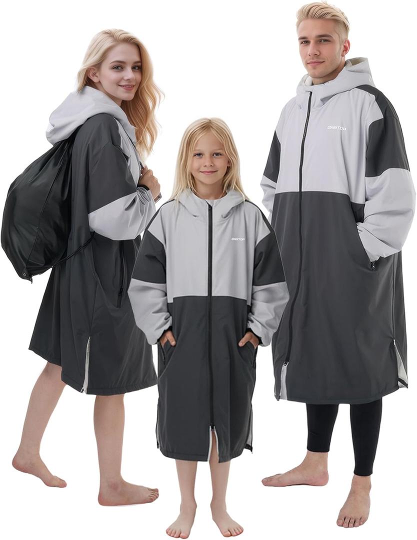 Owntop Swim Parka Adult Kids | Waterproof & Quick-dry | 2-Way Zipper | Oversized Hooded Changing Robe for Beach Pool (X-Small, Grey)