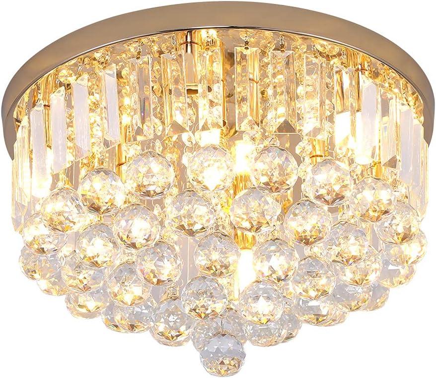 Mini Crystal Chandelier Ceiling Light,Flush Mount Modern Round K9 Crystal Raindrop Ceiling Lighting Fixture for Dining Room Bedroom Hallway Height 11''x Width 16''(French Gold)