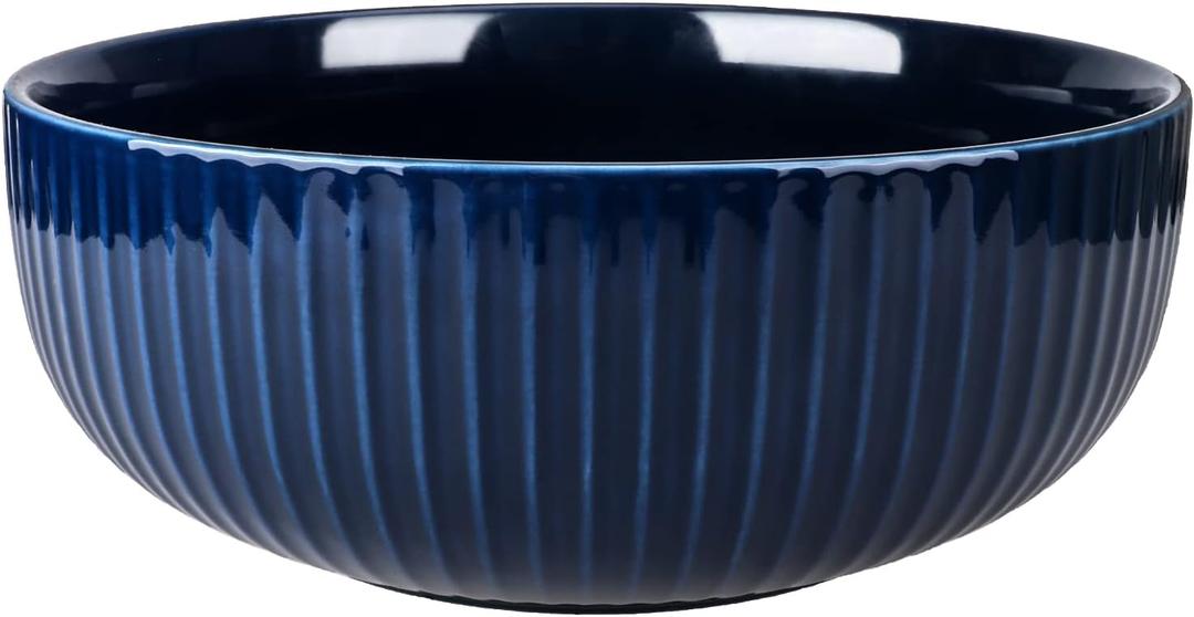 Extra Large Salad Bowl, 2800ml Ceramic Fruit Bowl, Stylish Navy Blue Bowl Round Vertical Stripe, Soup Bowl, Serving Bowl for Salad, Fruit, Noodle, Soup(23.5x8.8cm, 95oz)