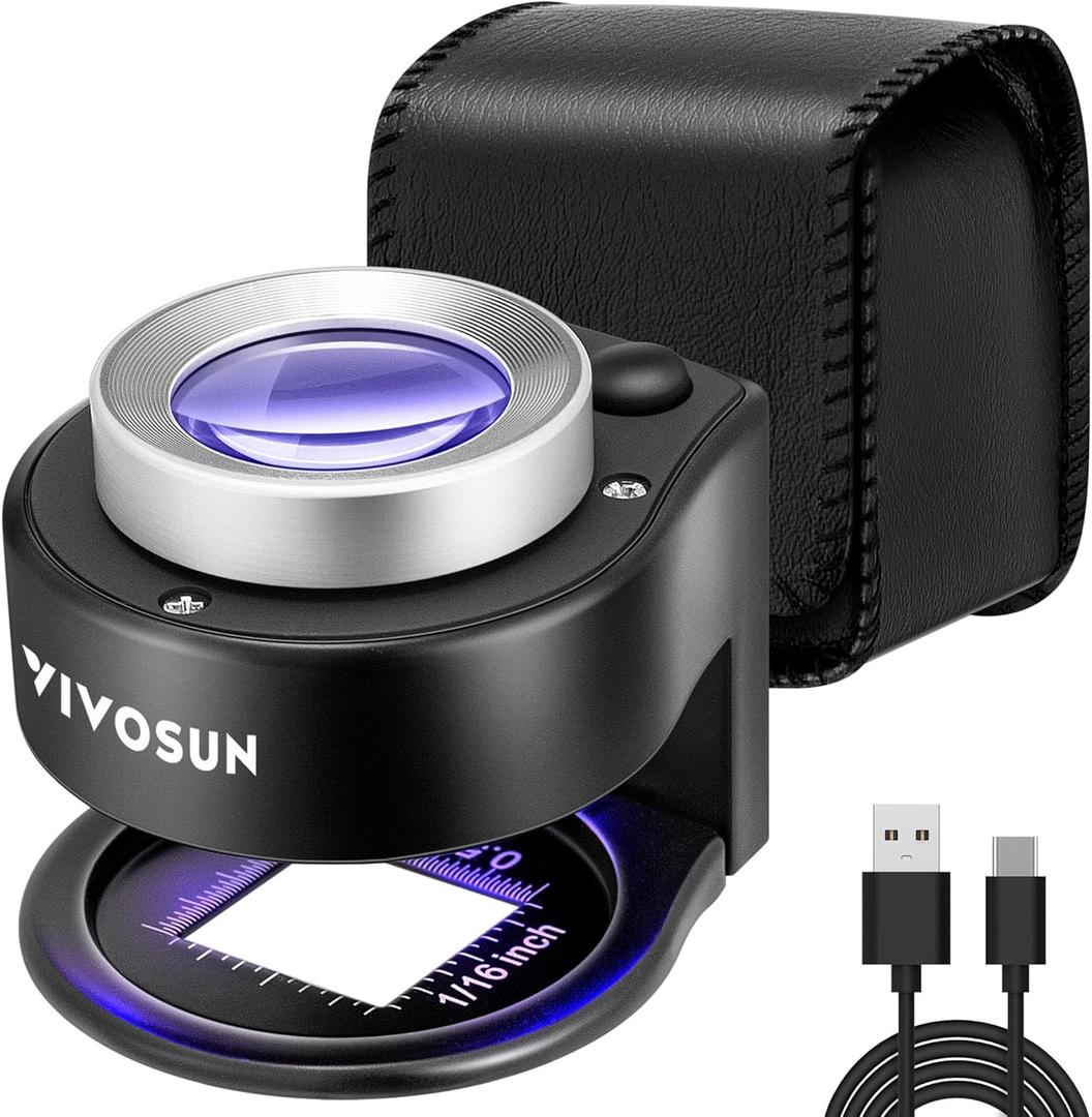 VIVOSUN 30X Rechargeable Loupe Magnifier with White LED Light and UV Light, Portable Magnifying Glass with Optical Glass Lens & Scale for Jewelry, Textile, Gems, Stamps, Coins and Plants (Black)