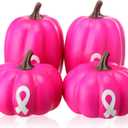 4 Pcs Large Artificial Pink Pumpkin Breast Cancer Awareness Decorations Faux Foam Pumpkins with Pink Ribbon for Breast Cancer Month Fall Table Decor(4.33 Inch,4.72 Inch,White Ribbon)