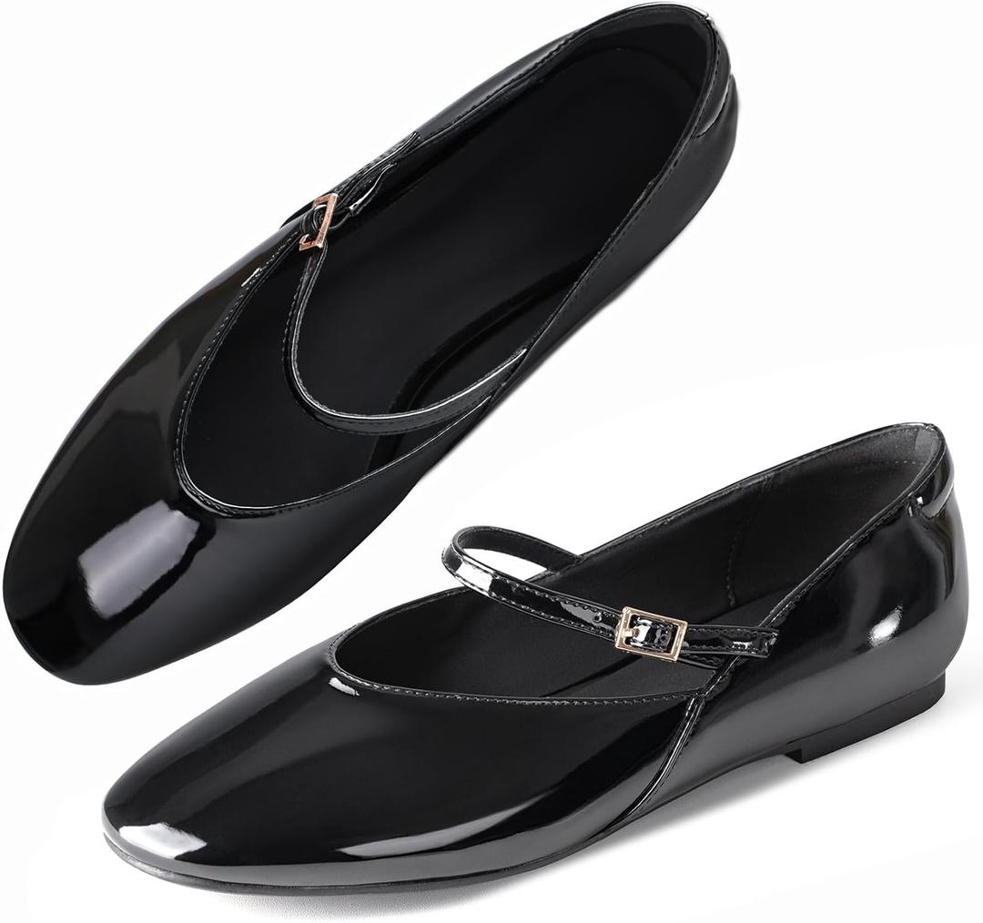 CouieCuies Women's Mary Jane Flats Round Toe Ballet Flats Adjustable Strap Comfortable Business Casual Mary Janes Dress Shoes (8.5, Black)