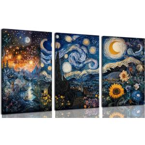 GHTGCMKX 3pcs Blue Abstract Starry Night Canvas wall art Blue Night Starry Sky Scenery Painting Picture Wall Decor Abstract Landscape Print Artwork for Living Room Office Home Decoration. 2 Ft × 16"