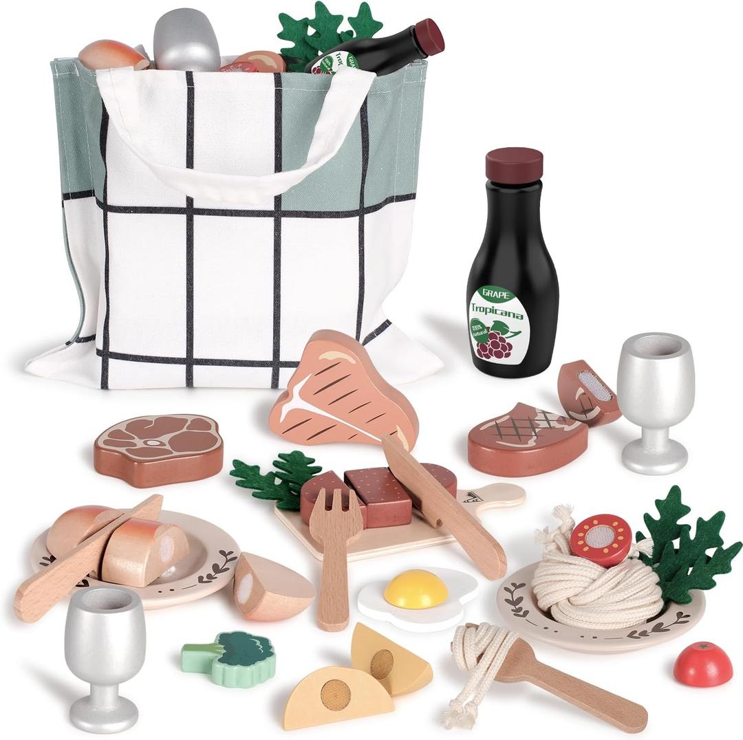 Wooden Play Kitchen Food Set, Kids Kitchen Accessories for Girl Boy 3-6 Years