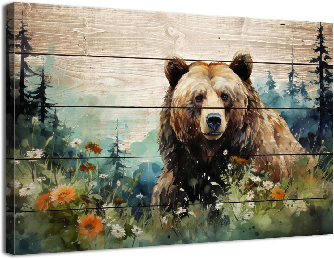 Farmhouse Bear Wall Art Watercolor Forest Wildlife Wall Decor for Living Room Nursery Animal Canvas Picture Bedroom Rustic Botanical Wildflower Painting Rustic Artwork Bathroom Home Decorations 20x30"