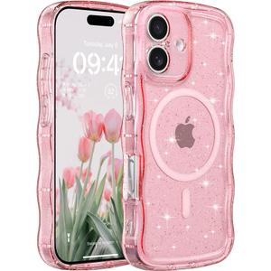 FABSPARK Case for iPhone 16e/17e,Compatible with MagSafe,Magnetic Clear Curly Wavy Frame Wave Case with Sparkly Bling Glitter,Transparent Acrylic Hard PC for iPhone 17e/16e,Glitter Clear Pink