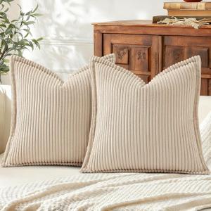 Mecatny Corduroy Summer Throw Pillow Covers 22x22 Set of 2, Neutral Decorative Soft Boho Couch Pillow Covers with Broadside for Sofa Living Room, Beige