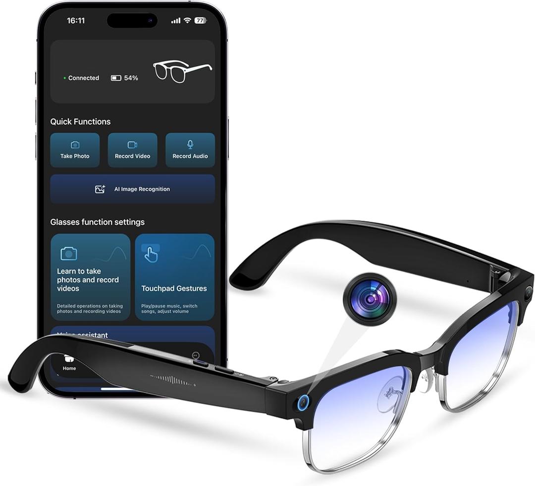 AI Smart Camera Glasses With HD 8MP Camera, 4K Photos & 1080P Video ,Anti-shake, 12Hours Music/Bluetooth Calls, Real-time Translation/GPT Object Recognition, IP66 Waterproof (Anti-Blue Light)