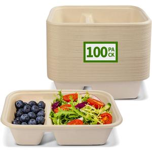 100 Pack 2 Compartment Paper Bowls for Chip Dip, Nacho Cheese, Main Dish and Sides, Microwavable Two Compartment Deep Disposable Bowls for Snacks, Party Catering