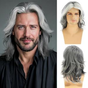 Baruisi Mens Wig Grey Long Straight Synthetic Heat Resistant Costume Cosplay Hair Wig (grey mixed white)