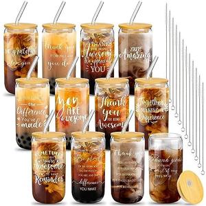 Purpeak 12 Set Employee Appreciation Gifts Appreciation Cups for Team Thank You Gifts Glass Cups for Staff Coworker 16 oz Can Shaped Beer Glass with 8 Lids Straws Brushes(Stylish Style)