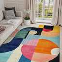 9x12 Colorful Area Rug Modern Abstract Orange Yellow Pink Blue White Beige Black Bedroom Rug Low Pile Thin Large Carpet Living Room Non Slip Dining Room Stain Resistant Office Washable Machine