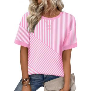 Zeagoo Womens Tops Casual Oversized Short Sleeve Sweatshirt Summer Striped Shirt Crewneck Pullover Loose T Shirts Blouse (L)