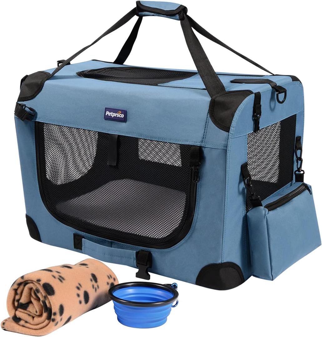 Petprsco Portable Collapsible Dog Crate, Travel Dog Crate 24x17x17 with Soft Warm Blanket and Foldable Bowl for Large Cats & Small Dogs Indoor and Outdoor (24x17x17 Inch, Blue)