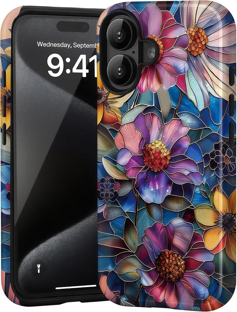 Case for iPhone 17, Glossy Hybrid 2-Layer Hard Shell, Aesthetic Scratch Resistant Cover, Vibrant Defined Blossoms