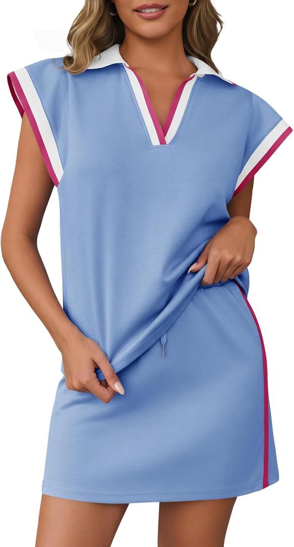 Fisoew Womens 2 Piece Skirt Set Summer Cap Sleeve Tops Matching Tennis Skirts Casual Color Block Vacation Outfits Lounge Sets (Blue, S)