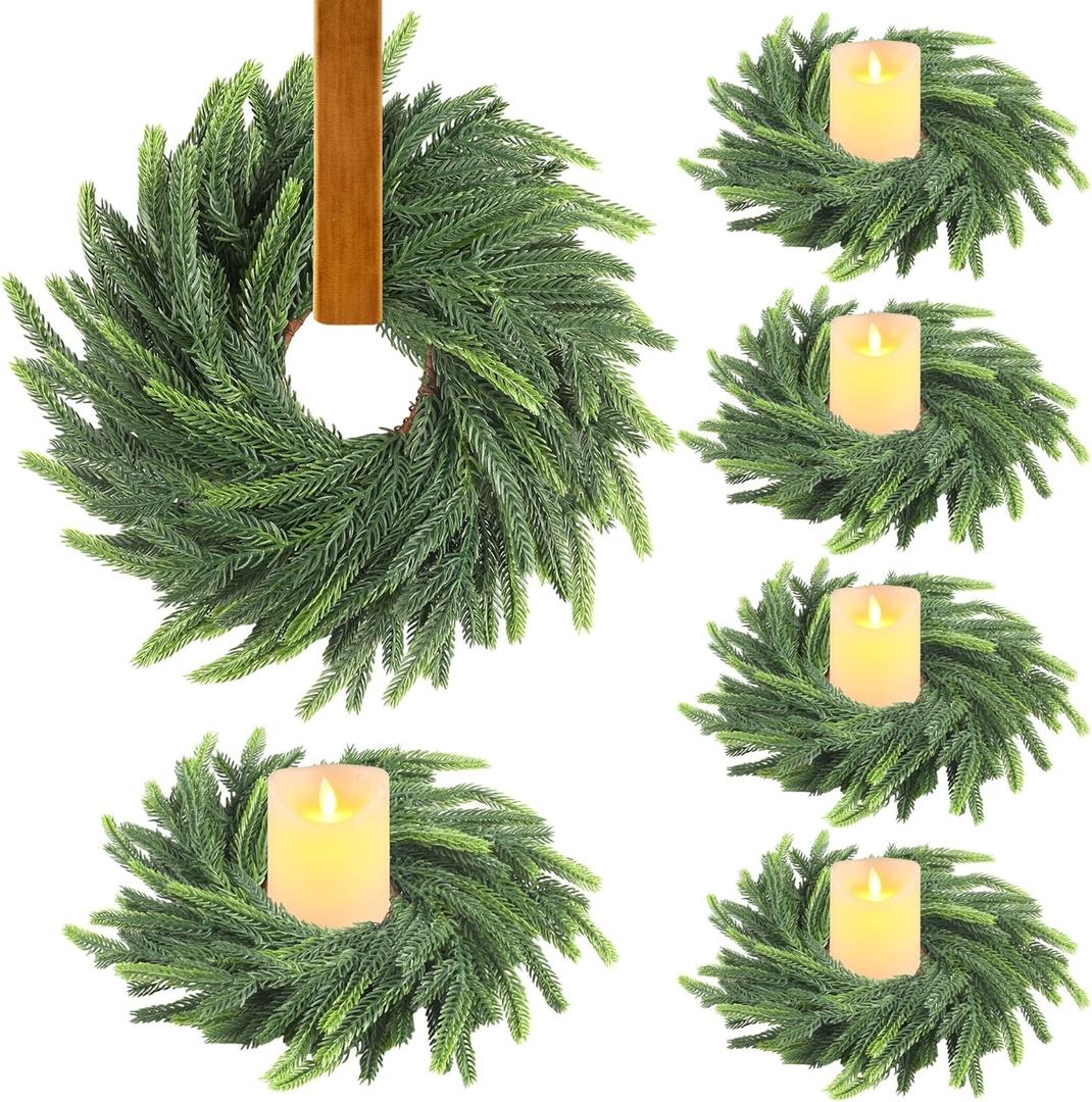 Aneco 6 Pieces Christmas Candle Ring Wreath with Ribbon Mini Wreaths Outer Diameter 6 Inch Artificial Norfolk Green Pine Wreath Garland Candlestick for Xmas Wedding Decor Home Table Centerpiece