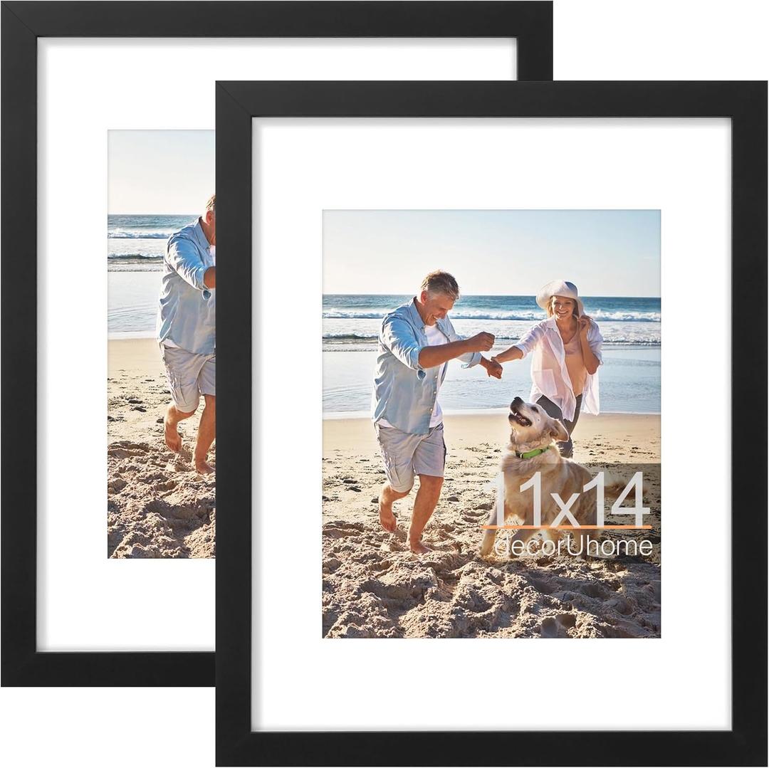 decorUhome 11x14 Picture Frame, Display Pictures 8x10 with Mat or 11x14 without Mat, Wall Mounting Photo Frame, Black, 2 Pack