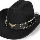 Bling Rhinestone Western Cowgirl Hat for Women Men, Rolled Up Sparkly Star Felt Fedora, Retro Turquoise Cowboy Hat M (Black-1 Row Bling 6 Stars)