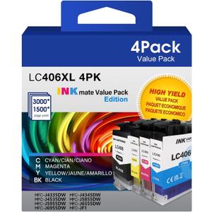 LC406 Ink Cartridges Replacement for Brother LC406 XL LC406BK Cartridge Printer Ink Work for Brother MFC-J4335DW, MFC-J6555DW, MFC-J4345DW, MFC-J5855DW, MFC-J4535DW Printers(BK/C/M/Y, 4Pack)