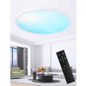20 Inch Flush Mount Ceiling Light with Blue Sky Cover, Dimmable Ceiling Lamp with Remote, 42W LED Lighting Fixtures Sunlight Effect, Modern Slim Design for Classroom Bedroom Living Room, Round White