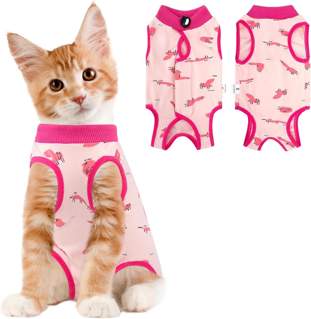 Cat Recovery Suit Female, Breathable Cat Onesie After Surgery Female for Abdominal Wounds or Skin Diseases, Surgery Recovery Suit Kitten Onesie After Spay Wear Anti Licking (Small, Pink Fox)